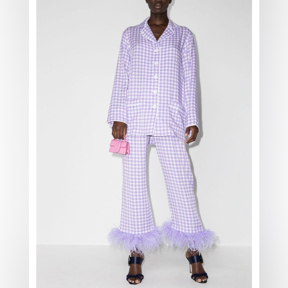 Sleeper Lilac Lavender Gingham Feather Trim Pajama Set - L